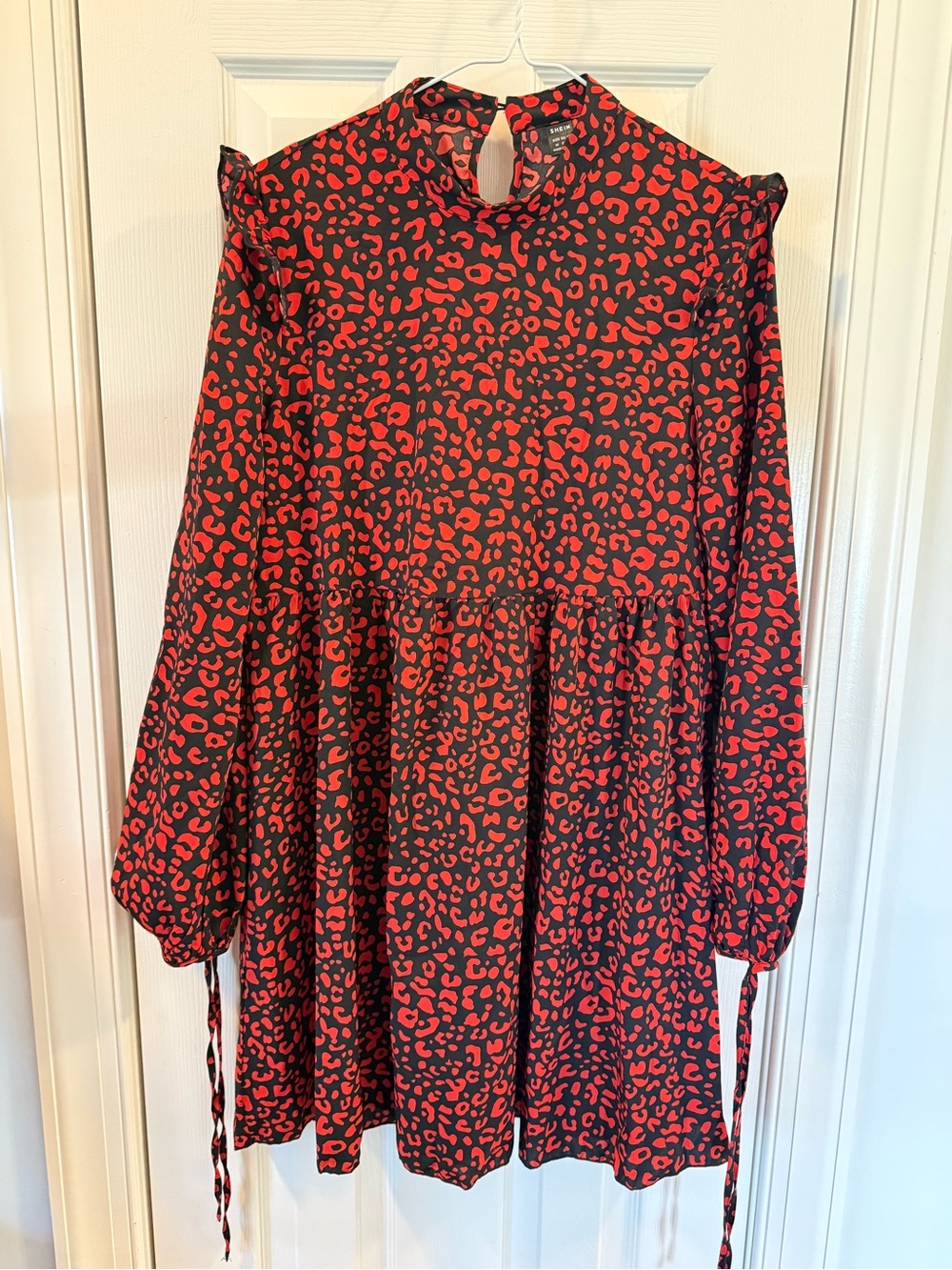 SHEIN Red Black Leopard Print Ruffle Mini Dress Size M US 6 Tie Cuff